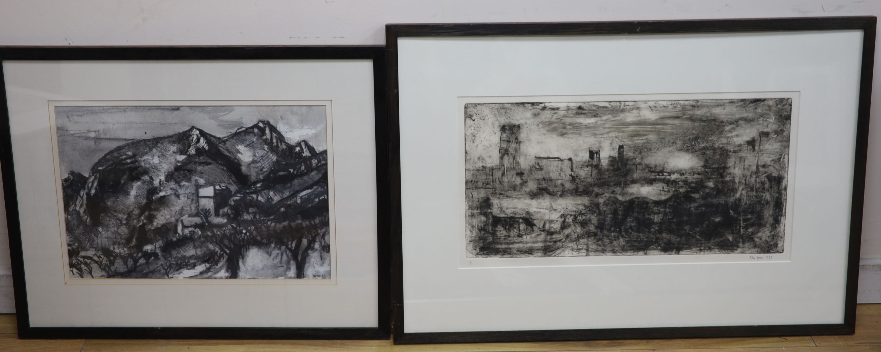 Peter Spens (1961-), drypoint and monotype, Storm, the City from the Strand, signed in pencil and dated 1999, numbered 1/1, 30 x 60cm